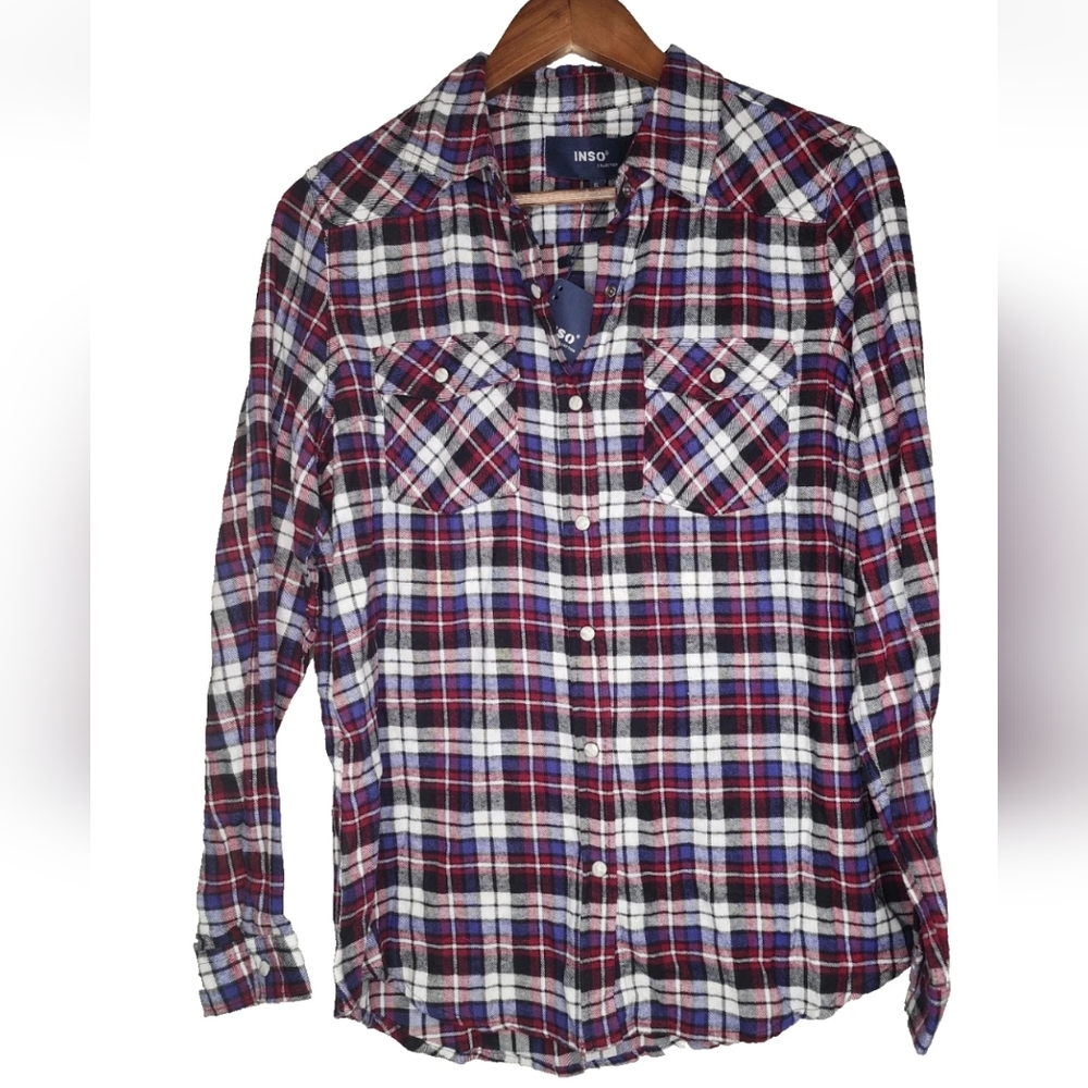 Inso Snap Front Flannel Plaid Shirt in Navy Red and White Size XL New With Tags